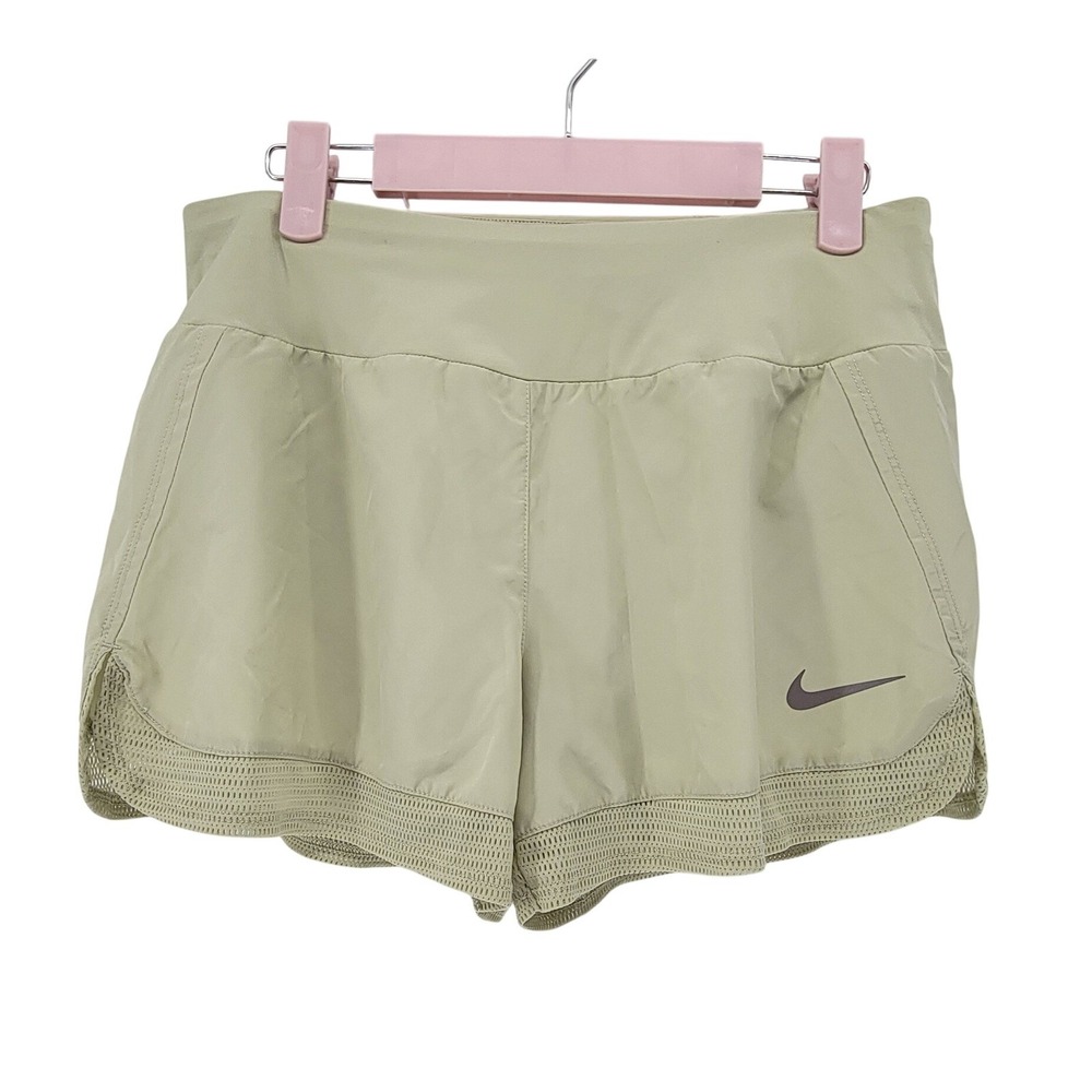 Nike Dri-FIT Women Running Shorts Medium Olive Green Mesh Trim Back Zip Pocket